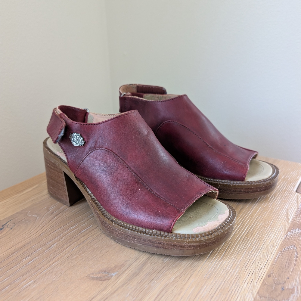 Vintage Harley Davidson Leather Open-Toe Chunky Heel Sandals In Burgundy - 7